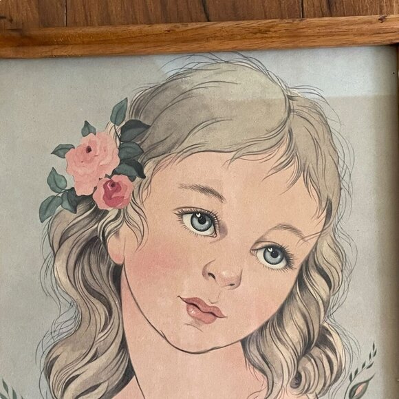 Vintage Miki Ferro 50s/60s Print Drawing Blond Blue Eyed Girl Framed Floral - Picture 4 of 5
